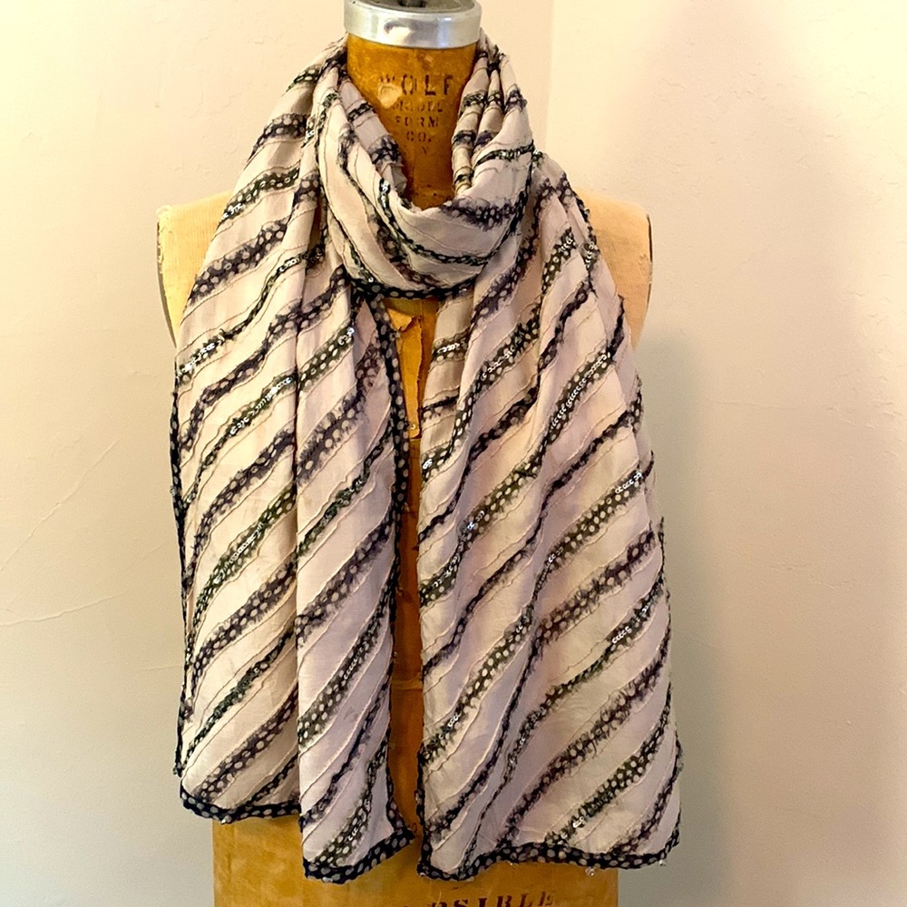 Embellished Indian silk scarf adorned with clear beads and tiny silver sequins.
